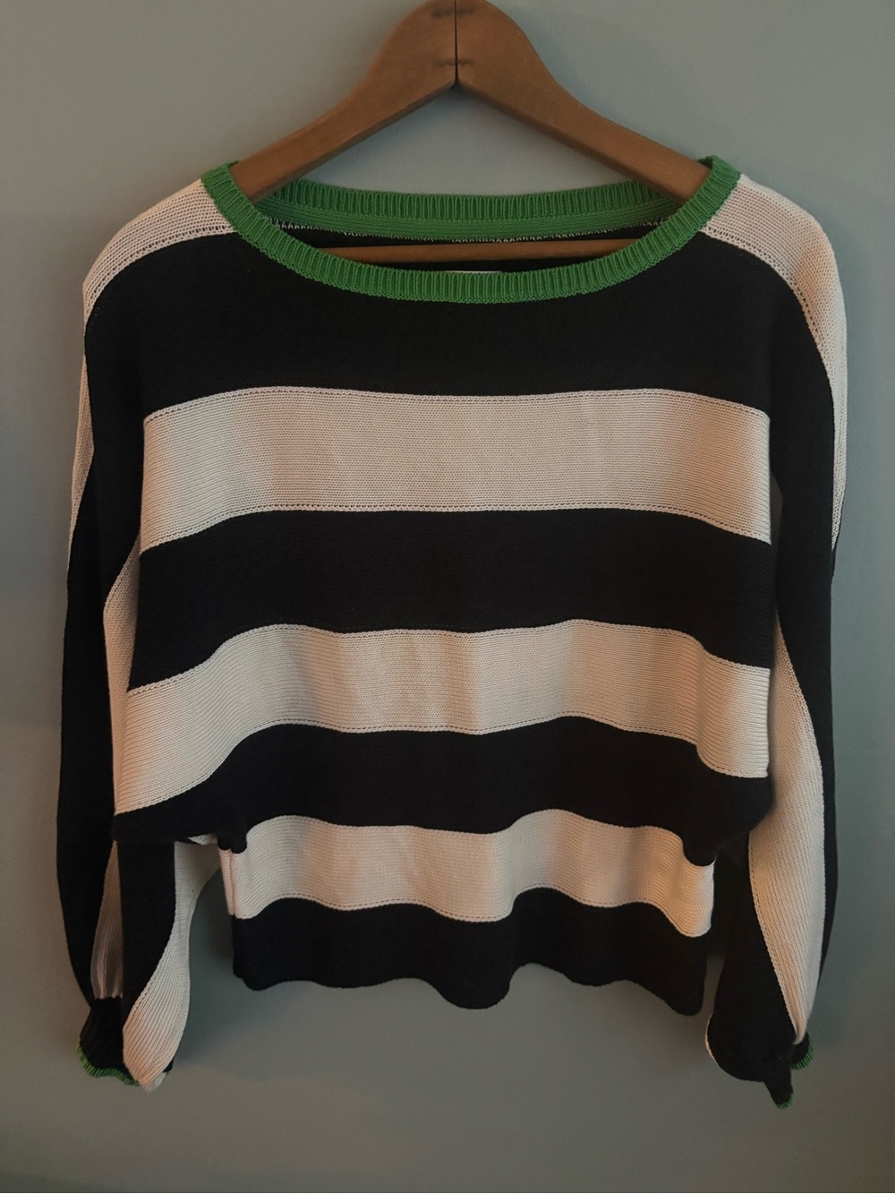 Anthropologie Black and White Striped Sweater with Green Trim